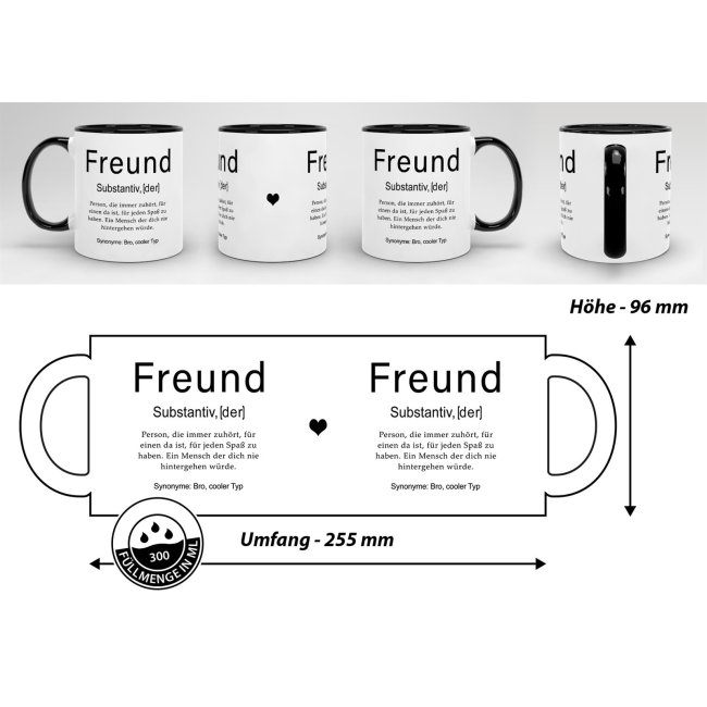 Tasse Dudenw&ouml;rter - Freund - Innen &amp; Henkel Schwarz