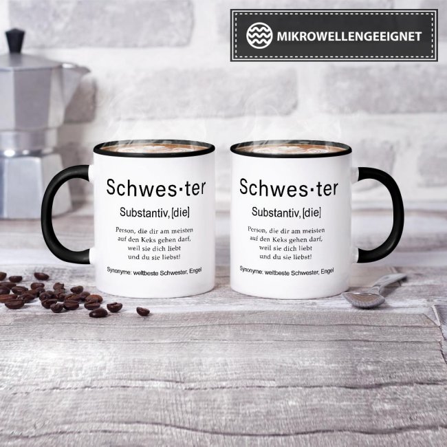 Tasse Dudenw&ouml;rter - Schwester - Innen &amp; Henkel Schwarz