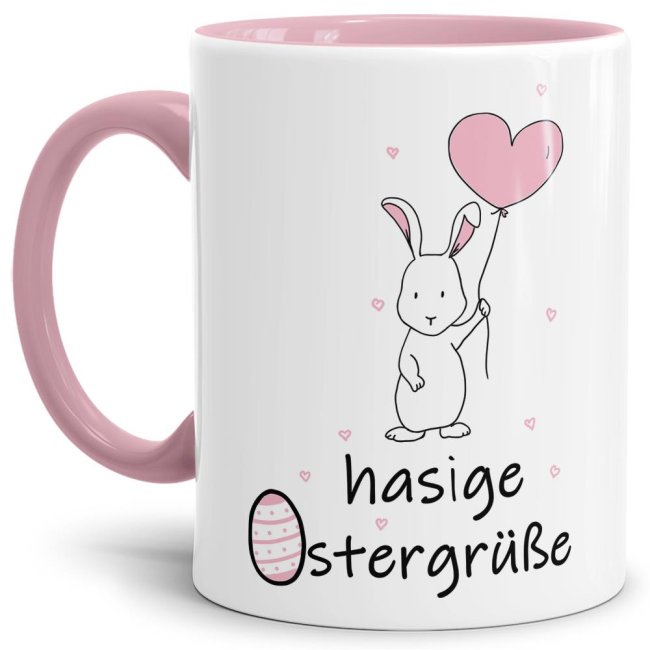 Tasse - Hasige Ostergr&uuml;&szlig;e - Innen und Henkel Rosa