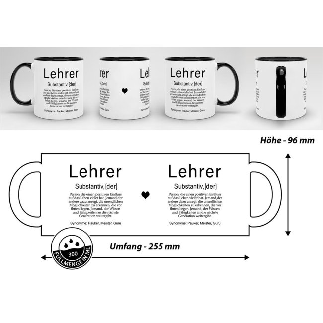 Tasse Dudenw&ouml;rter - Lehrer - Innen &amp; Henkel Schwarz