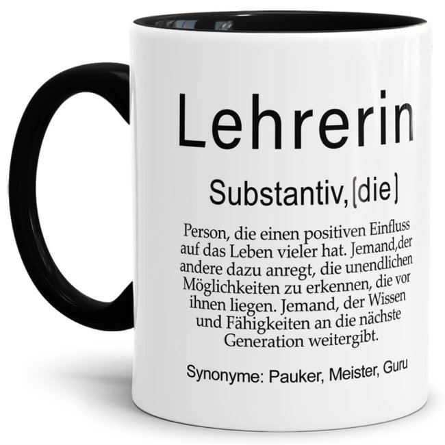 Tasse Dudenw&ouml;rter - Lehrerin - Innen &amp; Henkel Schwarz