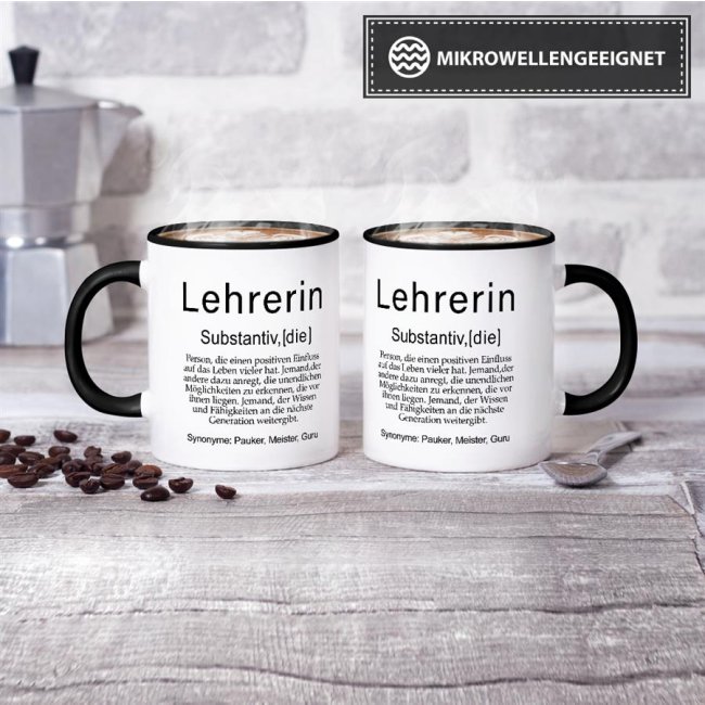 Tasse Dudenw&ouml;rter - Lehrerin - Innen &amp; Henkel Schwarz