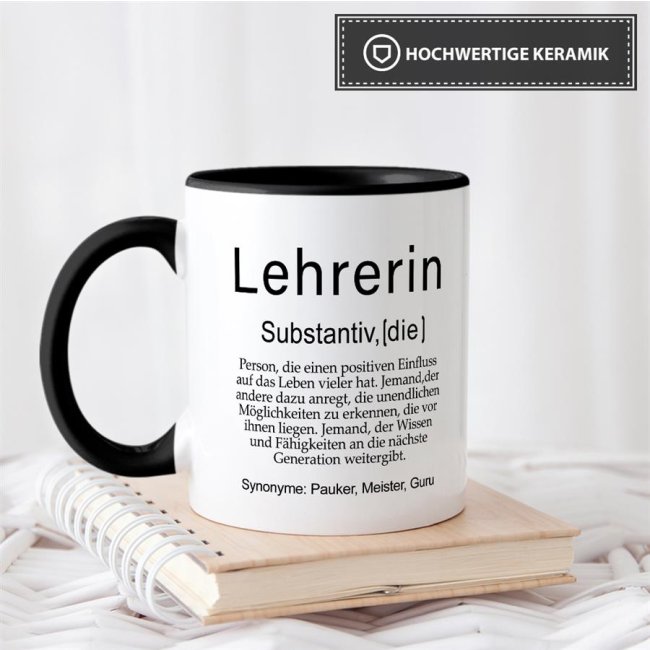 Tasse Dudenw&ouml;rter - Lehrerin - Innen &amp; Henkel Schwarz