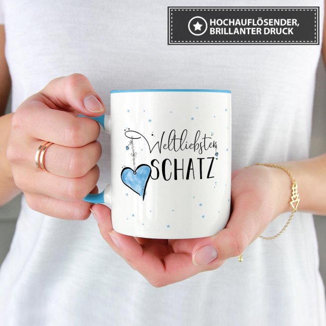 Tasse - Weltliebster Schatz - Innen &amp; Henkel Hellblau