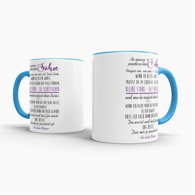 Geschenk-Set - Von Mama f&uuml;r Sohn - Kissen und Tasse Hellblau