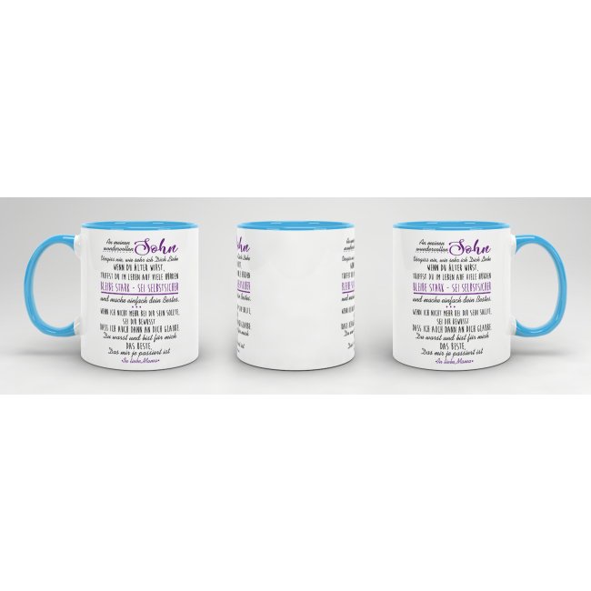 Geschenk-Set - Von Mama f&uuml;r Sohn - Kissen und Tasse Hellblau