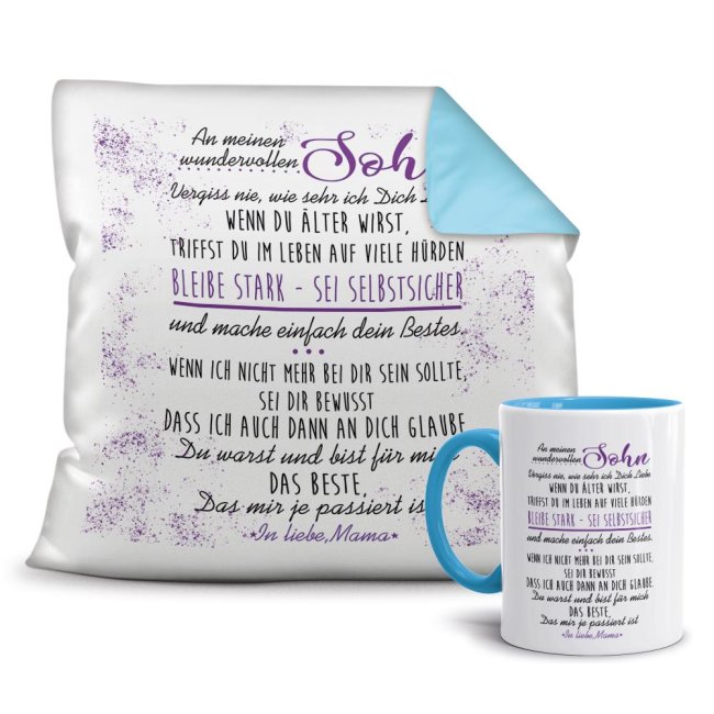 Geschenk-Set - Von Mama f&uuml;r Sohn - Kissen und Tasse Hellblau