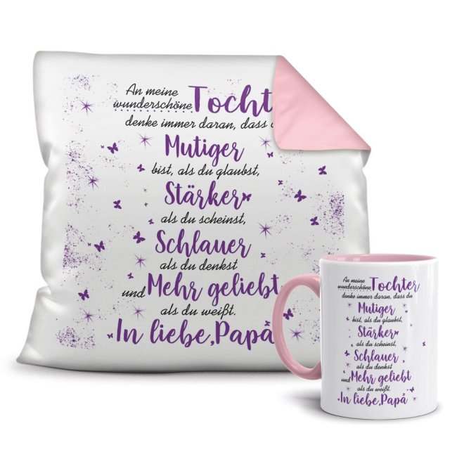 Geschenk-Set - Von Vater f&uuml;r Tochter - Kissen und Tasse Rosa