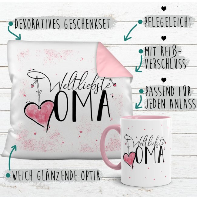 Geschenk-Set - Weltliebste Oma - Kissen und Tasse Rosa