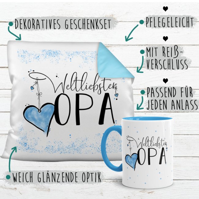 Geschenk-Set - Weltliebster Opa - Kissen und Tasse Hellblau