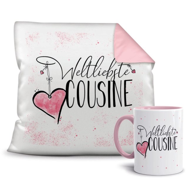 Geschenk-Set - Weltliebste Cousine - Kissen und Tasse Rosa