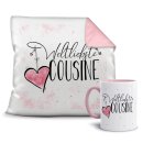 Geschenk-Set - Weltliebste Cousine - Kissen und Tasse Rosa