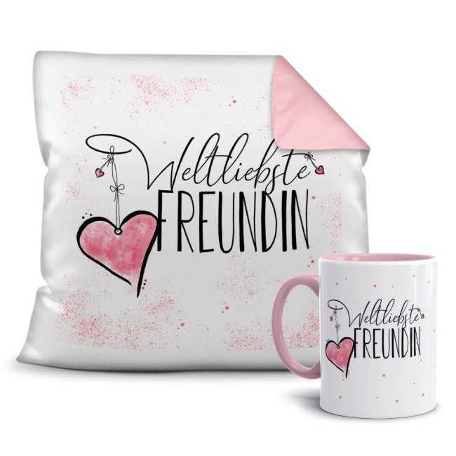 Geschenk-Set - Weltliebste Freundin - Kissen und Tasse Rosa