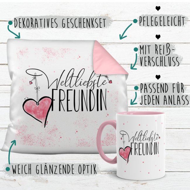 Geschenk-Set - Weltliebste Freundin - Kissen und Tasse Rosa