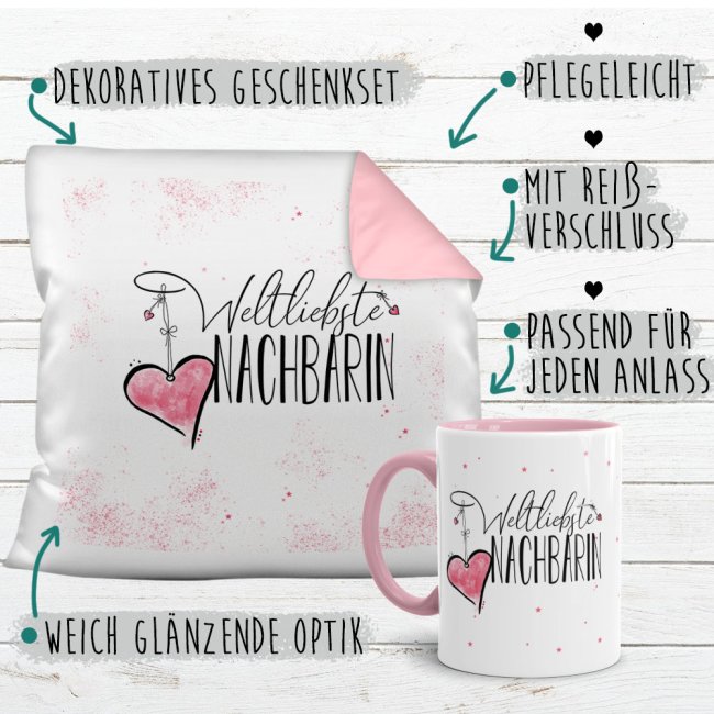 Geschenk-Set - Weltliebste Nachbarin - Kissen und Tasse Rosa