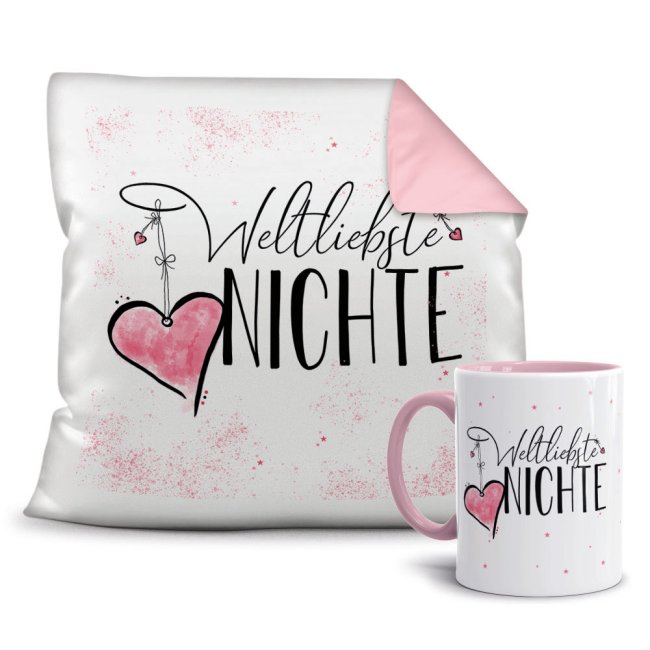 Geschenk-Set - Weltliebste Nichte - Kissen und Tasse Rosa