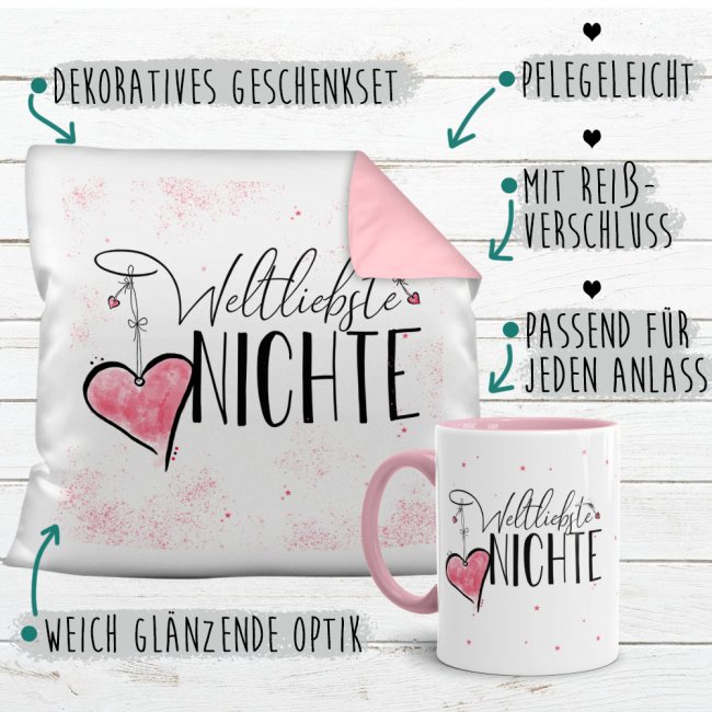 Geschenk-Set - Weltliebste Nichte - Kissen und Tasse Rosa