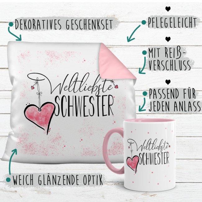 Geschenk-Set - Weltliebste Schwester - Kissen und Tasse Rosa