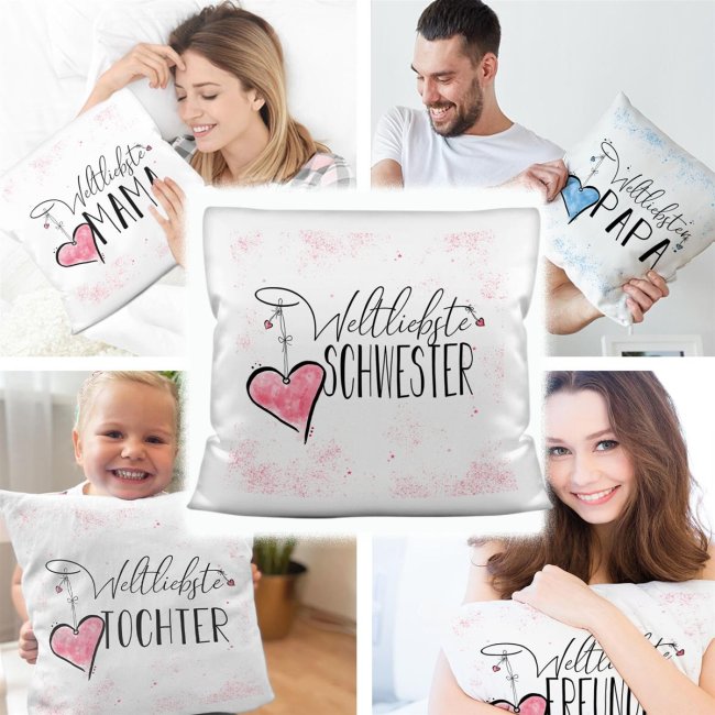 Geschenk-Set - Weltliebste Schwester - Kissen und Tasse Rosa