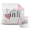 Geschenk-Set - Weltliebste Tante - Kissen und Tasse Rosa