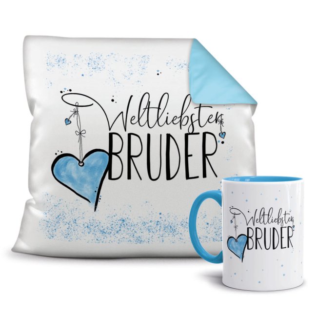 Geschenk-Set - Weltliebster Bruder - Kissen und Tasse Hellblau