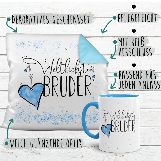 Geschenk-Set - Weltliebster Bruder - Kissen und Tasse Hellblau