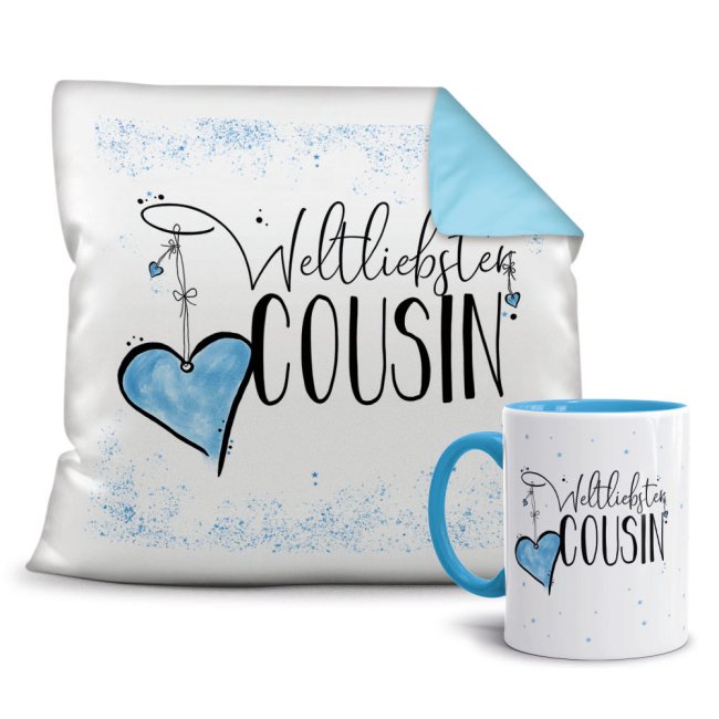 Geschenk-Set - Weltliebster Cousin - Kissen und Tasse Hellblau