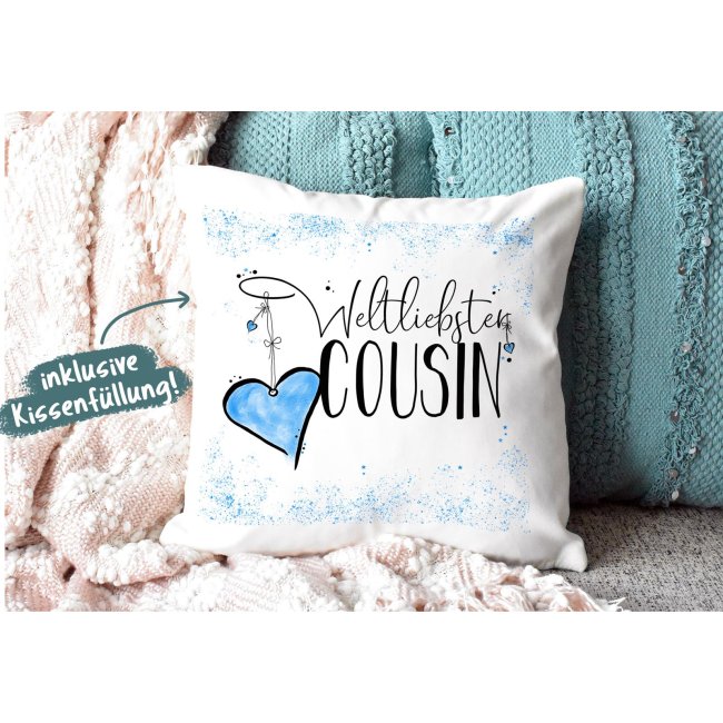 Geschenk-Set - Weltliebster Cousin - Kissen und Tasse Hellblau