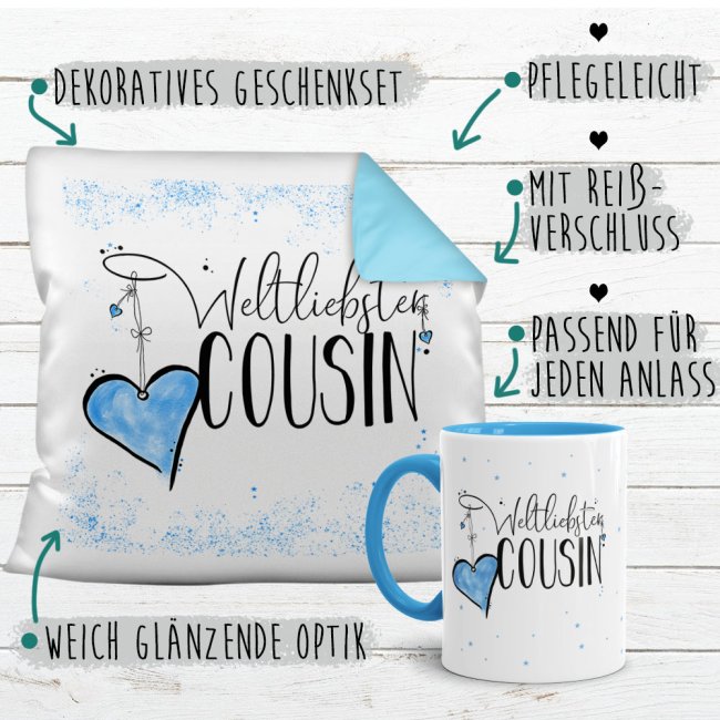 Geschenk-Set - Weltliebster Cousin - Kissen und Tasse Hellblau