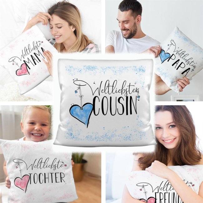 Geschenk-Set - Weltliebster Cousin - Kissen und Tasse Hellblau