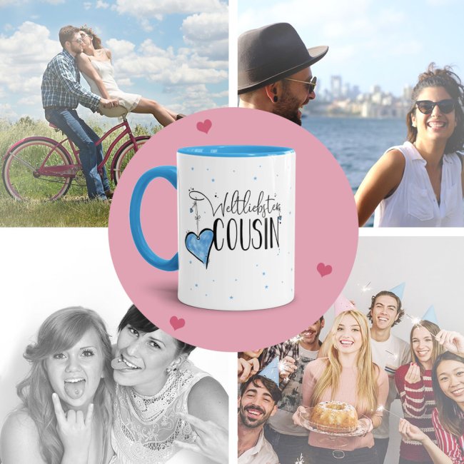 Geschenk-Set - Weltliebster Cousin - Kissen und Tasse Hellblau