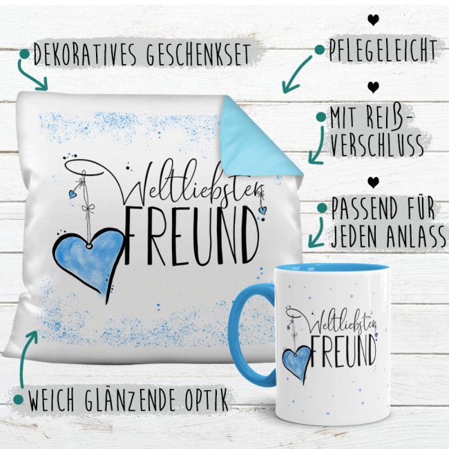 Geschenk-Set - Weltliebster Freund - Kissen und Tasse Hellblau