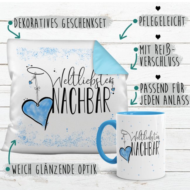 Geschenk-Set - Weltliebster Nachbar - Kissen und Tasse Hellblau