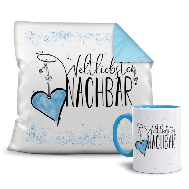 Geschenk-Set - Weltliebster Nachbar - Kissen und Tasse Hellblau