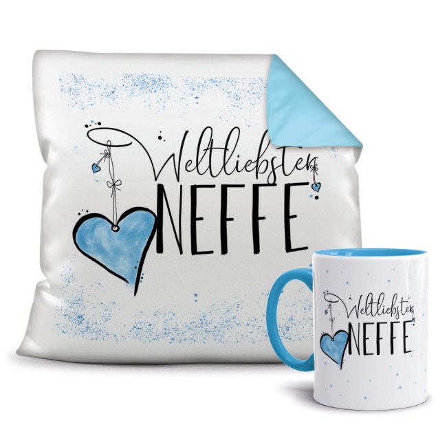 Geschenk-Set - Weltliebster Neffe - Kissen und Tasse Hellblau