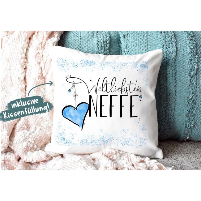 Geschenk-Set - Weltliebster Neffe - Kissen und Tasse Hellblau