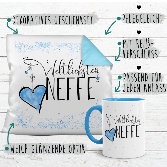 Geschenk-Set - Weltliebster Neffe - Kissen und Tasse Hellblau