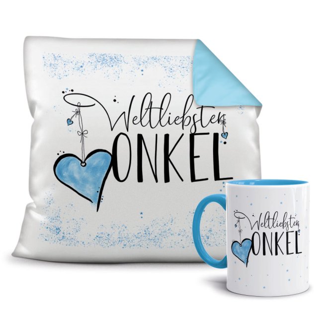 Geschenk-Set - Weltliebster Onkel - Kissen und Tasse Hellblau