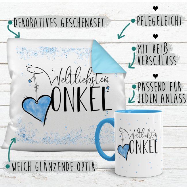 Geschenk-Set - Weltliebster Onkel - Kissen und Tasse Hellblau