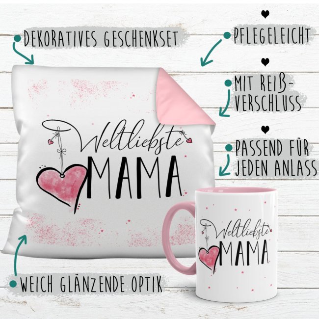 Geschenk-Set - Weltliebste Mama - Kissen und Tasse Rosa