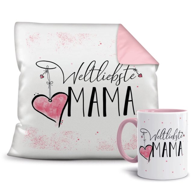 Geschenk-Set - Weltliebste Mama - Kissen und Tasse Rosa