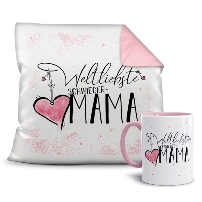 Geschenk-Set - Weltliebste Schwiegermama - Kissen und Tasse Rosa