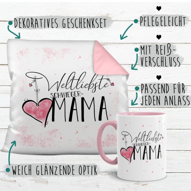 Geschenk-Set - Weltliebste Schwiegermama - Kissen und Tasse Rosa