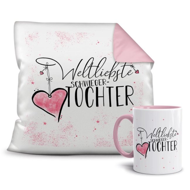 Geschenk-Set - Weltliebste Schwiegertochter - Kissen und Tasse Rosa