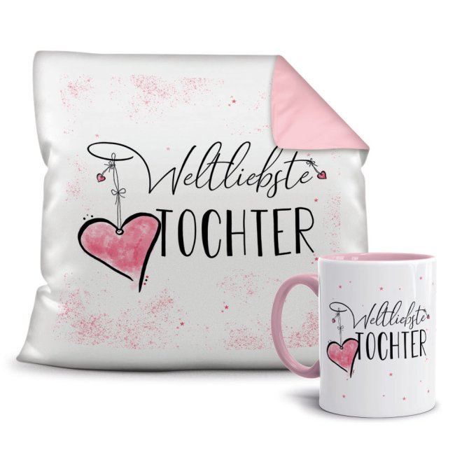 Geschenk-Set - Weltliebste Tochter - Kissen und Tasse Rosa