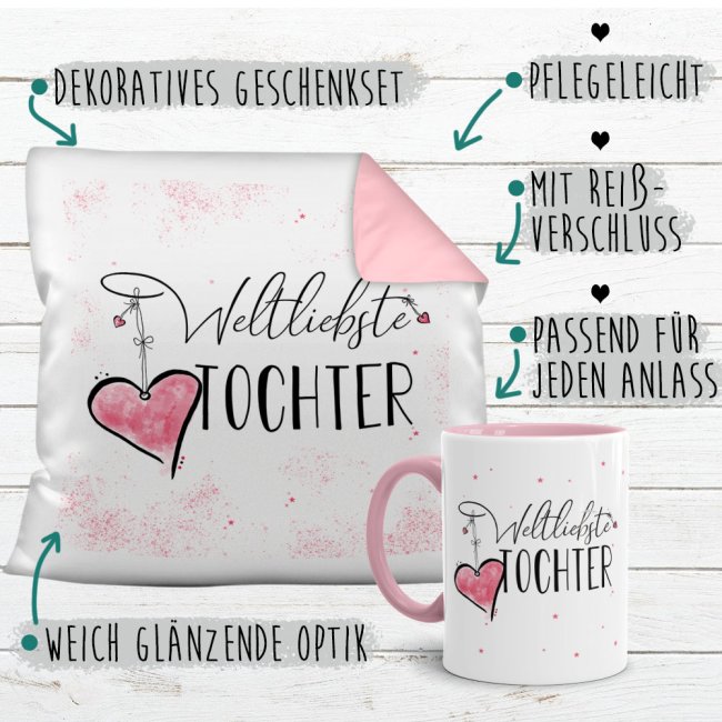 Geschenk-Set - Weltliebste Tochter - Kissen und Tasse Rosa