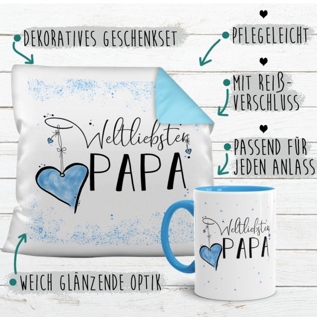 Geschenk-Set - Weltliebster Papa - Kissen und Tasse Hellblau