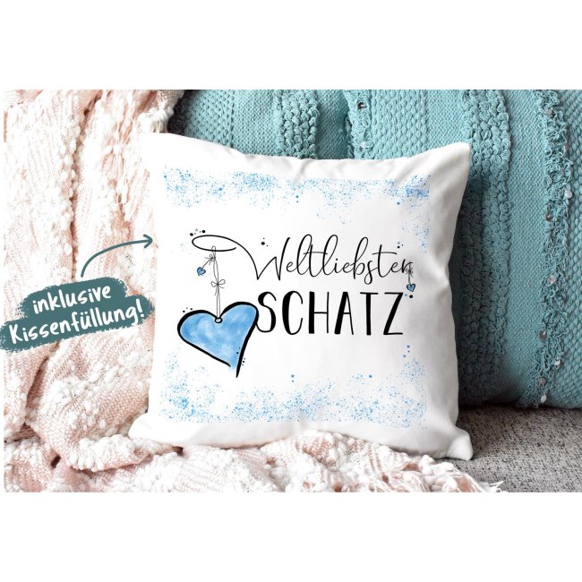 Geschenk-Set - Weltliebster Schatz - Kissen und Tasse Hellblau