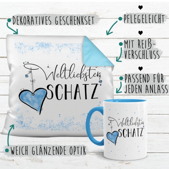 Geschenk-Set - Weltliebster Schatz - Kissen und Tasse Hellblau