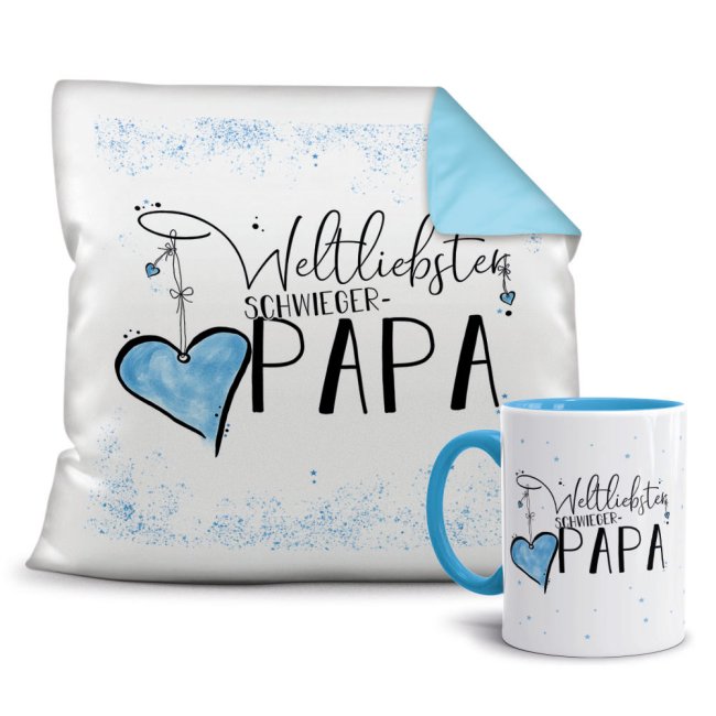 Geschenk-Set - Weltliebster Schwiegerpapa - Kissen und Tasse Hellblau